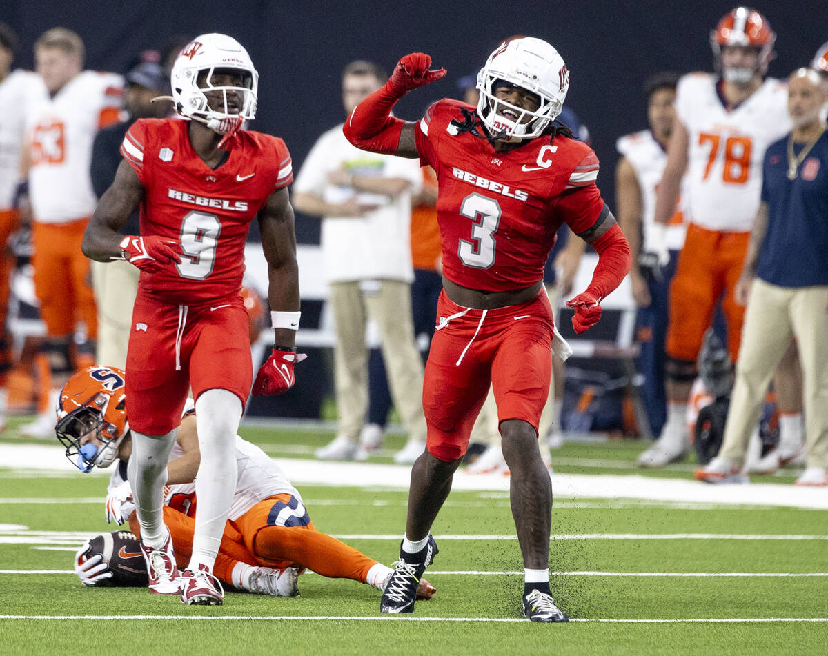 UNLV defensive back Johnathan Baldwin (3) celebrates after making a tackle during the college f ...