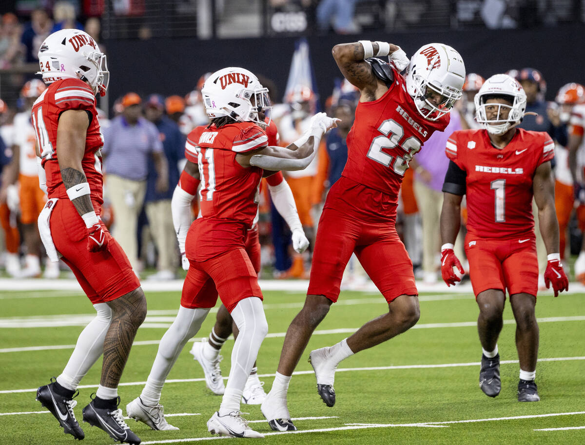 UNLV defensive back Saadite Green Jr. (23) flexes after making a tackle during the college foot ...