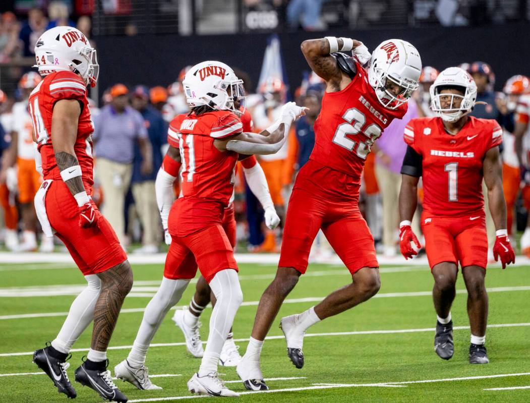 UNLV defensive back Saadite Green Jr. (23) flexes after making a tackle during the college foot ...