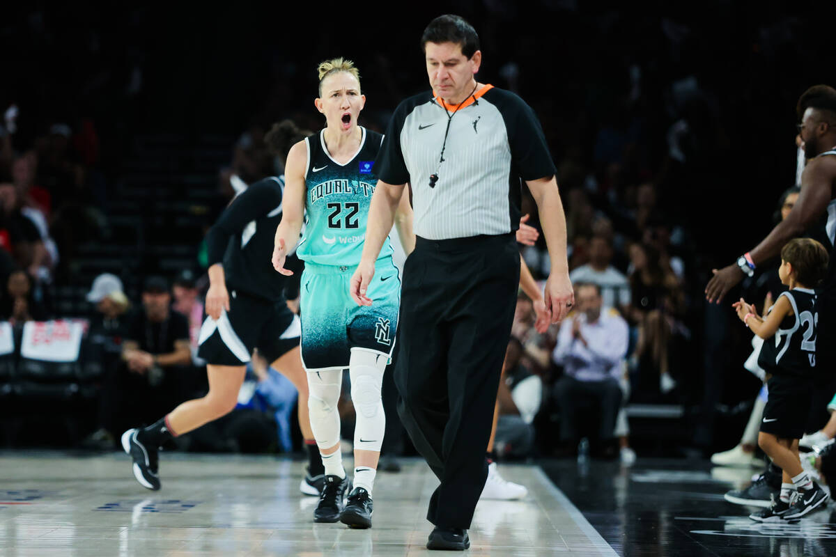 New York Liberty guard Courtney Vandersloot (22) yells to a referee, resulting in a technical f ...