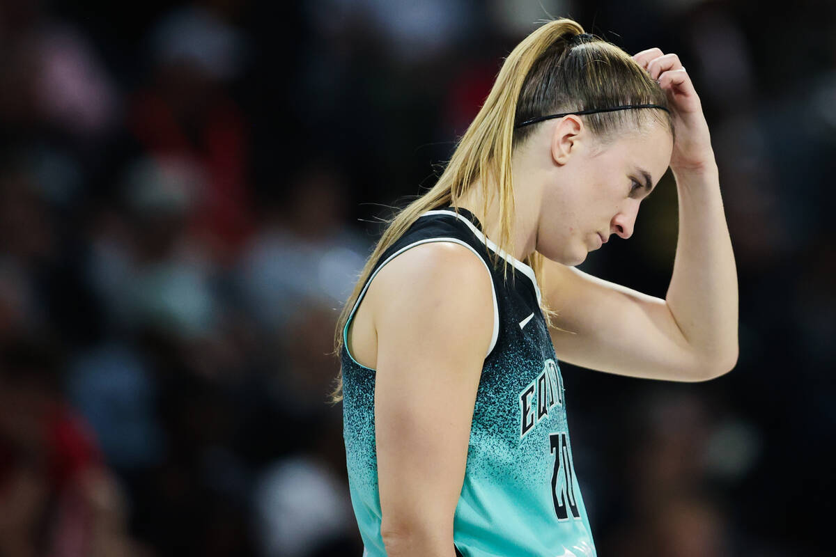 New York Liberty guard Sabrina Ionescu (20) looks down during game three of a WNBA semifinals p ...