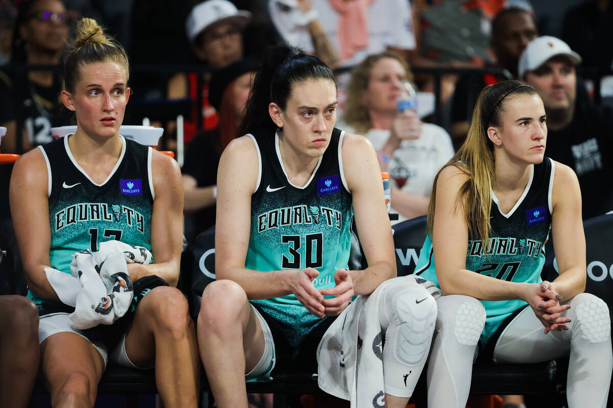 New York Liberty forward Breanna Stewart (30) watches game action from the bench during the fou ...