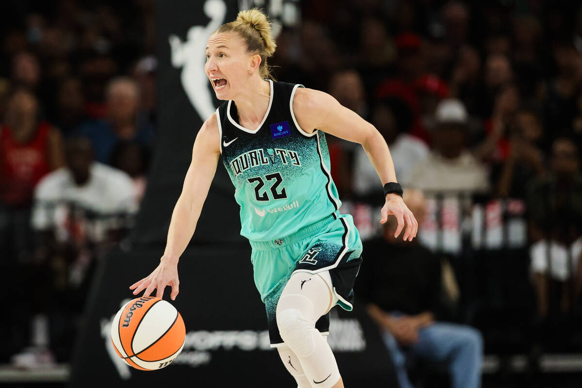 New York Liberty guard Courtney Vandersloot (22) screams to her teammates during game three of ...