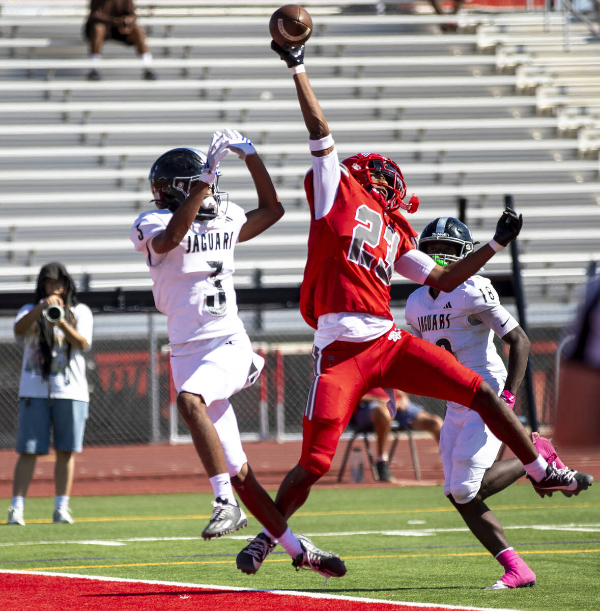 Arbor View cornerback Bryson Pabon (23) breaks up a pass during the high school football game a ...