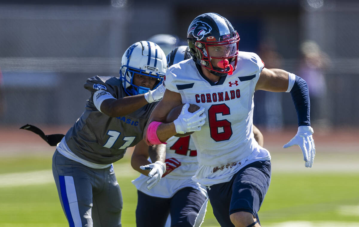 Coronado defensive back JJ Buchanan (6) brushes off a tackle attempt after an interception by B ...