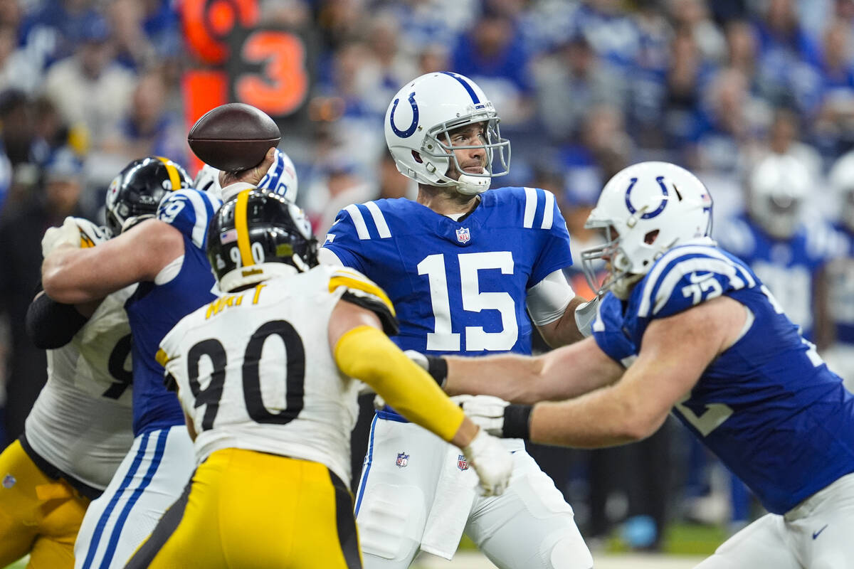 Indianapolis Colts quarterback Joe Flacco (15) throws against the Pittsburgh Steelers during an ...