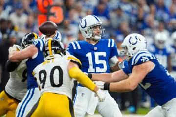 Indianapolis Colts quarterback Joe Flacco (15) throws against the Pittsburgh Steelers during an ...