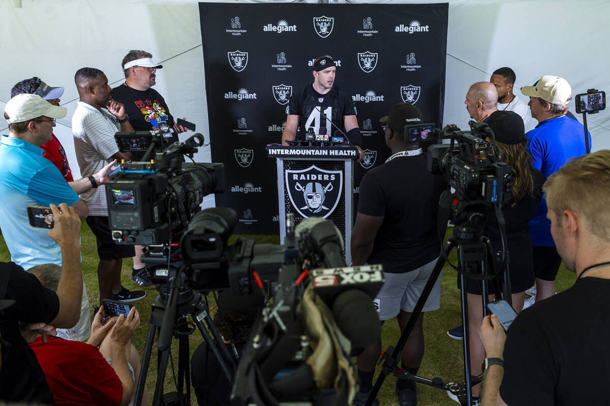 Raiders linebacker Robert Spillane (41) answers a question during a media interview on the seco ...