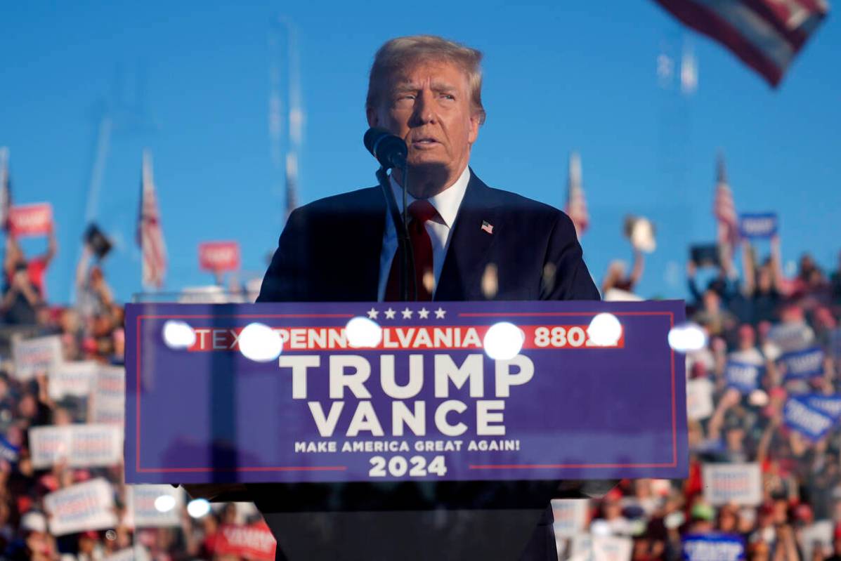 Republican presidential nominee former President Donald Trump speaks at a campaign rally at the ...