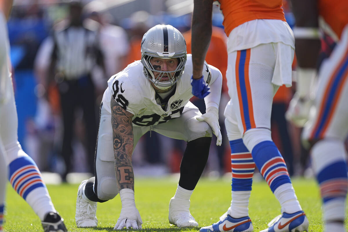 Las Vegas Raiders defensive end Maxx Crosby waits on the snap during the first half of an NFL f ...