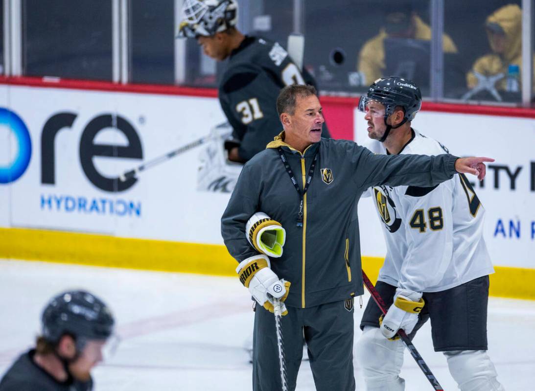 Golden Knights Head Coach Bruce Cassidy gives instructions to his players during training camp ...