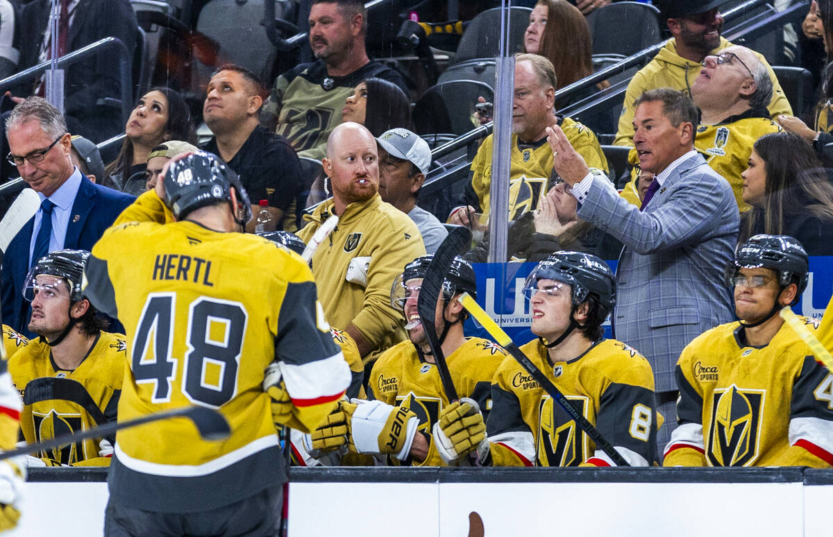 Golden Knights Head Coach Bruce Cassidy argues a penalty for the Los Angeles Kings during the s ...