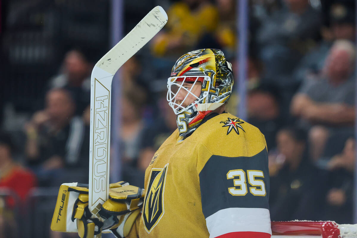 Golden Knights goalie Ilya Samsonov (35) takes his stance at the net during the second period o ...