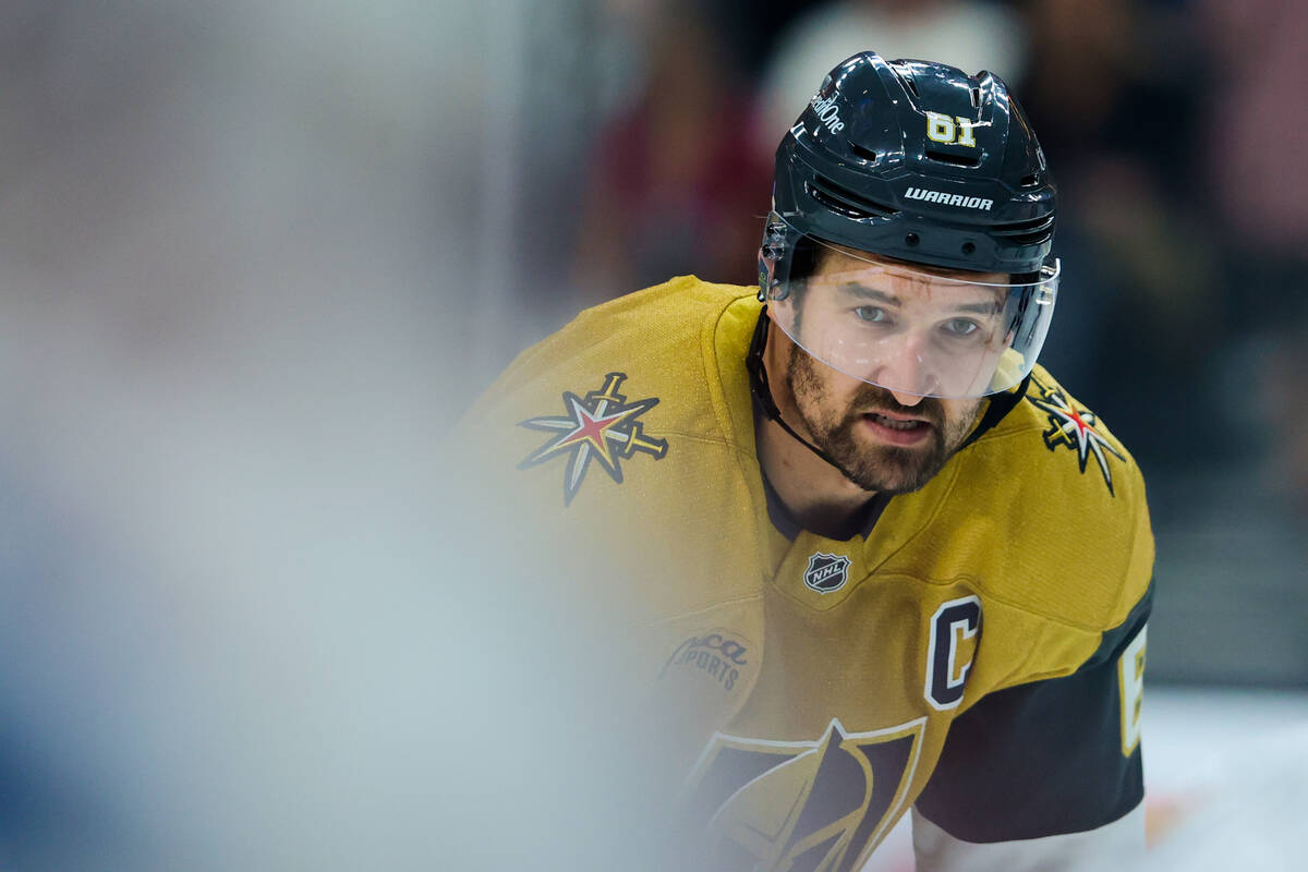 Golden Knights right wing Mark Stone waits for the puck to drop during the third period of a pr ...