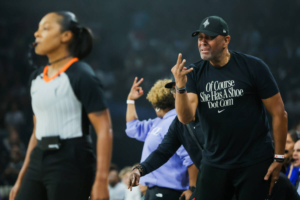 Roscoe Wilson Jr., the father of Aces center A'ja Wilson, reacts to a referee not calling a fou ...