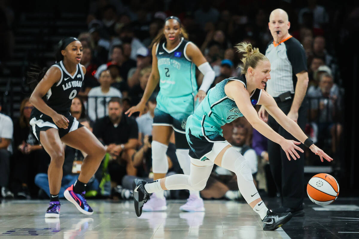 New York Liberty guard Courtney Vandersloot (22) chases the ball out of bounds during game four ...