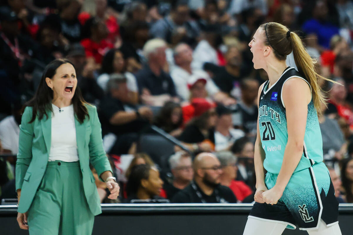 New York Liberty guard Sabrina Ionescu gets pumped up during game four of a WNBA semifinals pla ...