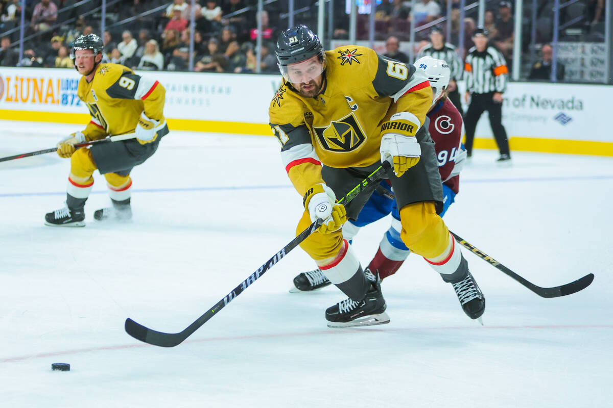 Golden Knights right wing Mark Stone (61) races towards the puck during the third period of a p ...