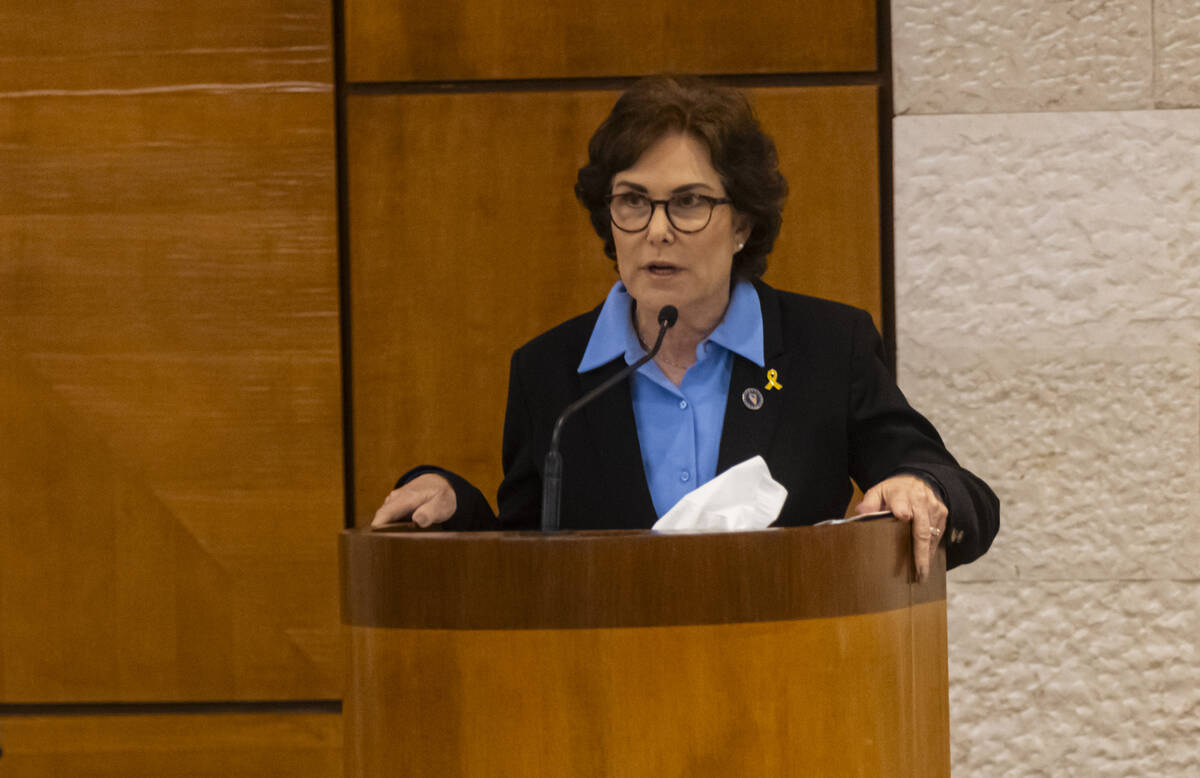 Sen. Jacky Rosen, D-Nev., speaks during a ceremony at Midbar Kodesh Temple marking one year sin ...