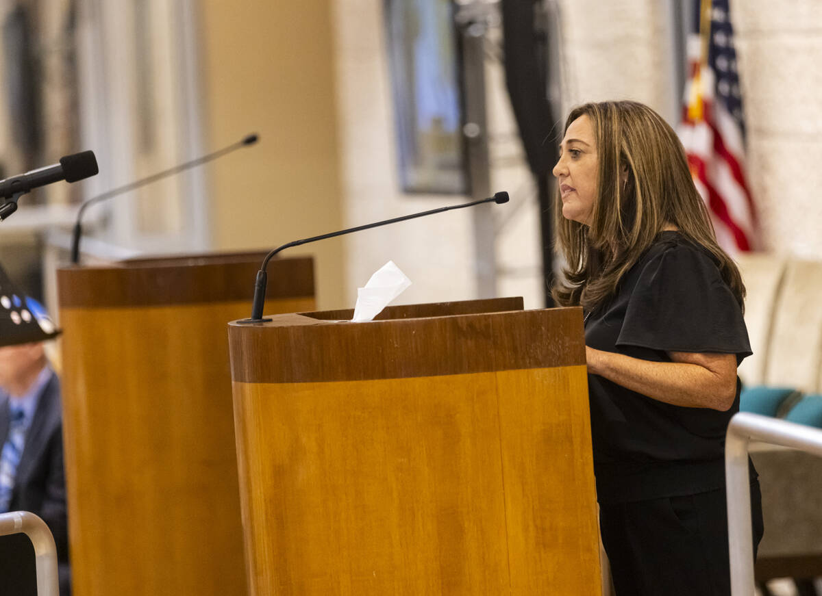 Jolie Brislin, regional director of the Anti-Defamation League, speaks during a ceremony at Mid ...