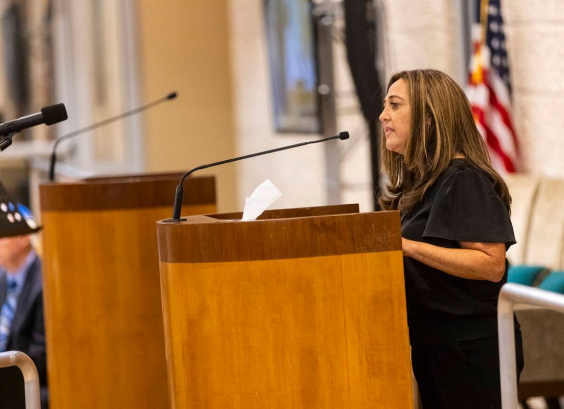 Jolie Brislin, regional director of the Anti-Defamation League, speaks during a ceremony at Mid ...