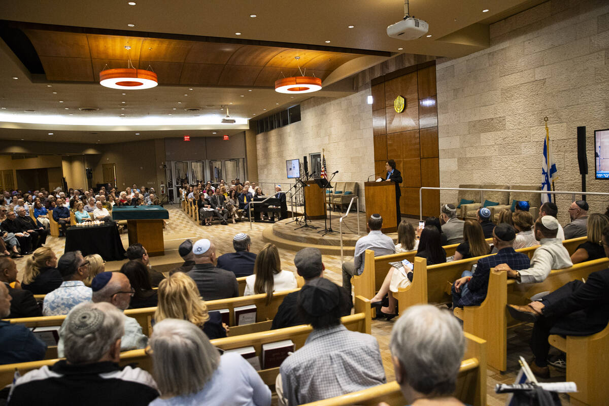 Sen. Jacky Rosen, D-Nev., speaks during an event at Midbar Kodesh Temple marking one year since ...