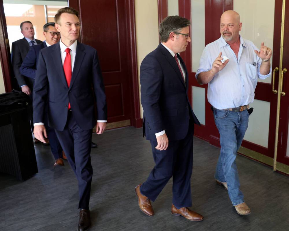 Speaker of the House Mike Johnson, R-La., center, mingles with “Pawn Stars” celeb ...