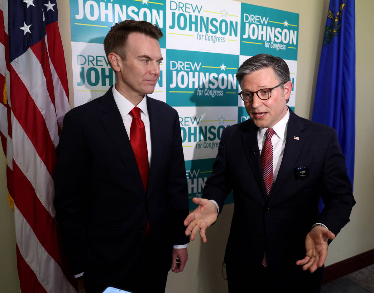 GOP congressional candidate Drew Johnson, left, and Speaker of the House Mike Johnson, R-La., t ...