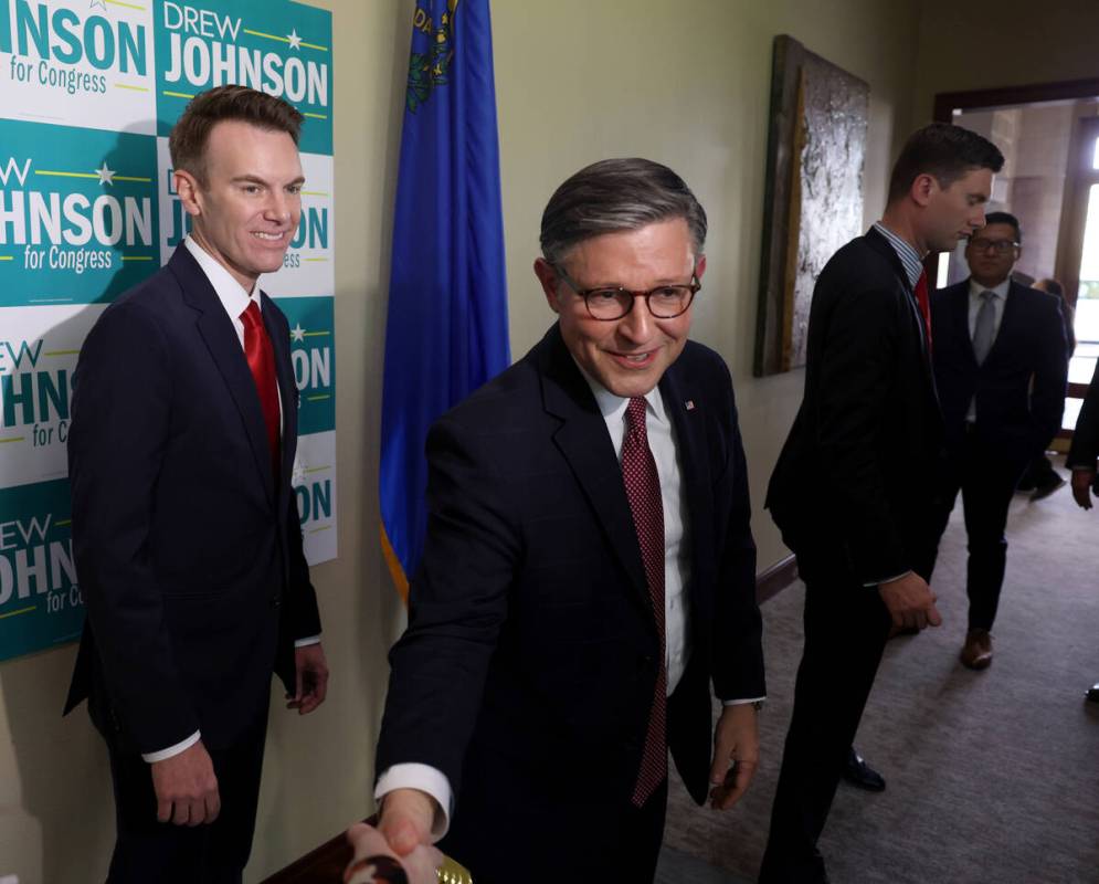 GOP congressional candidate Drew Johnson, left, and Speaker of the House Mike Johnson, R-La., t ...