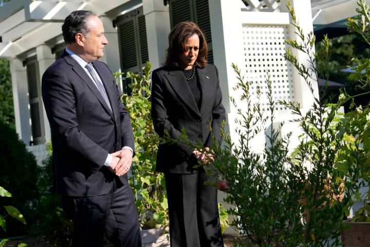 Democratic presidential nominee Vice President Kamala Harris, right, and second gentleman Doug ...