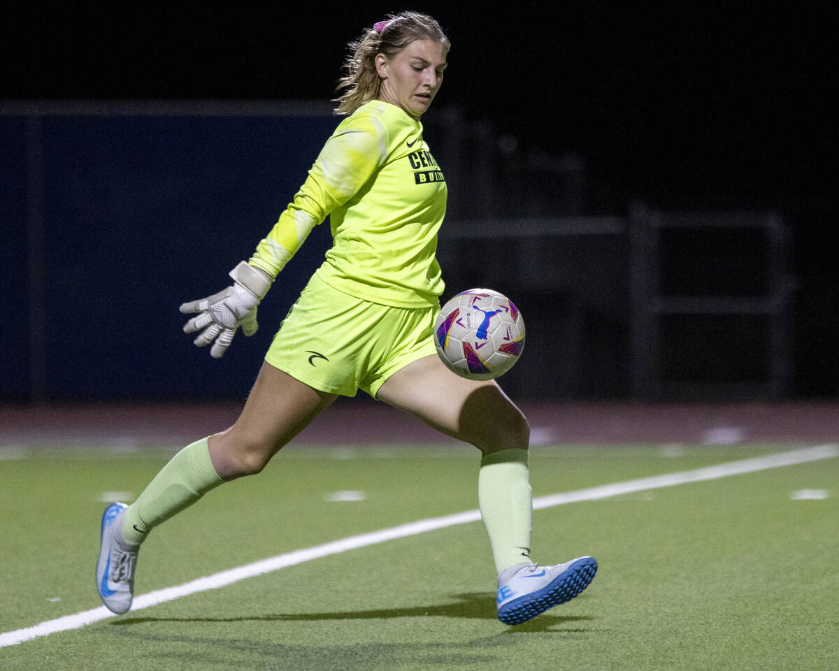 Centennial goalkeeper Madelyn Hartman (22) kicks the ball away from the goal during the high sc ...