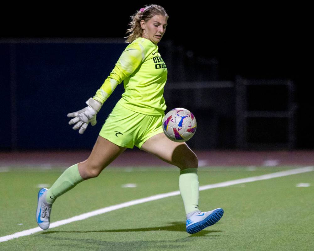 Centennial goalkeeper Madelyn Hartman (22) kicks the ball away from the goal during the high sc ...