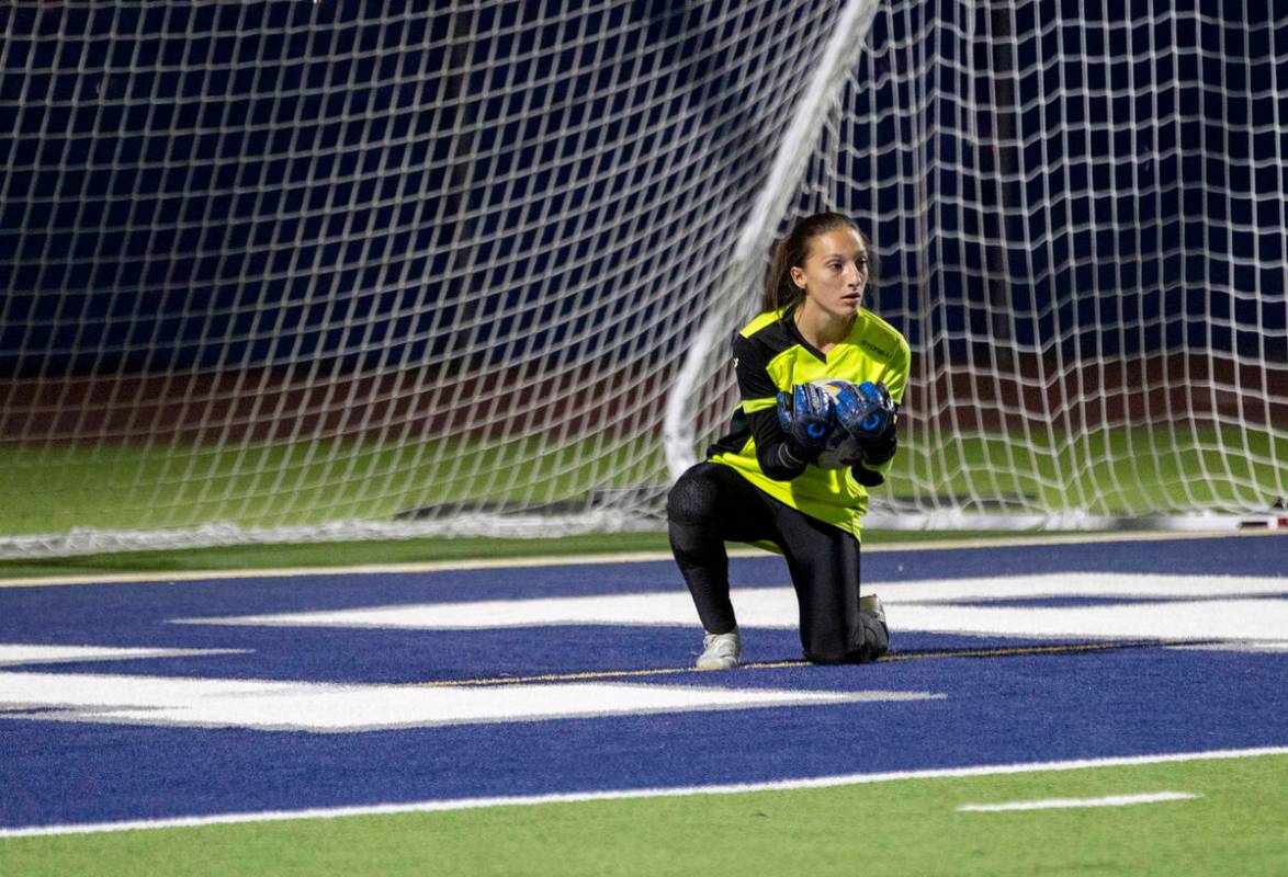 Green Valley goalkeeper Olivia Geeb (17) covers the ball during the high school soccer game aga ...