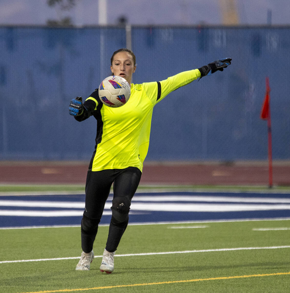 Green Valley goalkeeper Olivia Geeb (17) looks to kick the ball during the high school soccer g ...