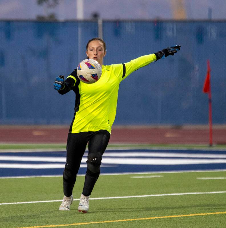 Green Valley goalkeeper Olivia Geeb (17) looks to kick the ball during the high school soccer g ...