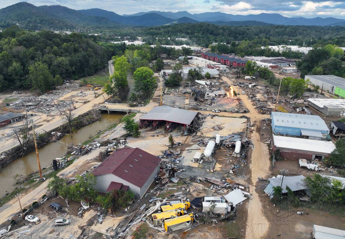 An aerial view of flood damage wrought by Hurricane Helene along the Swannanoa River on Oct. 3, ...