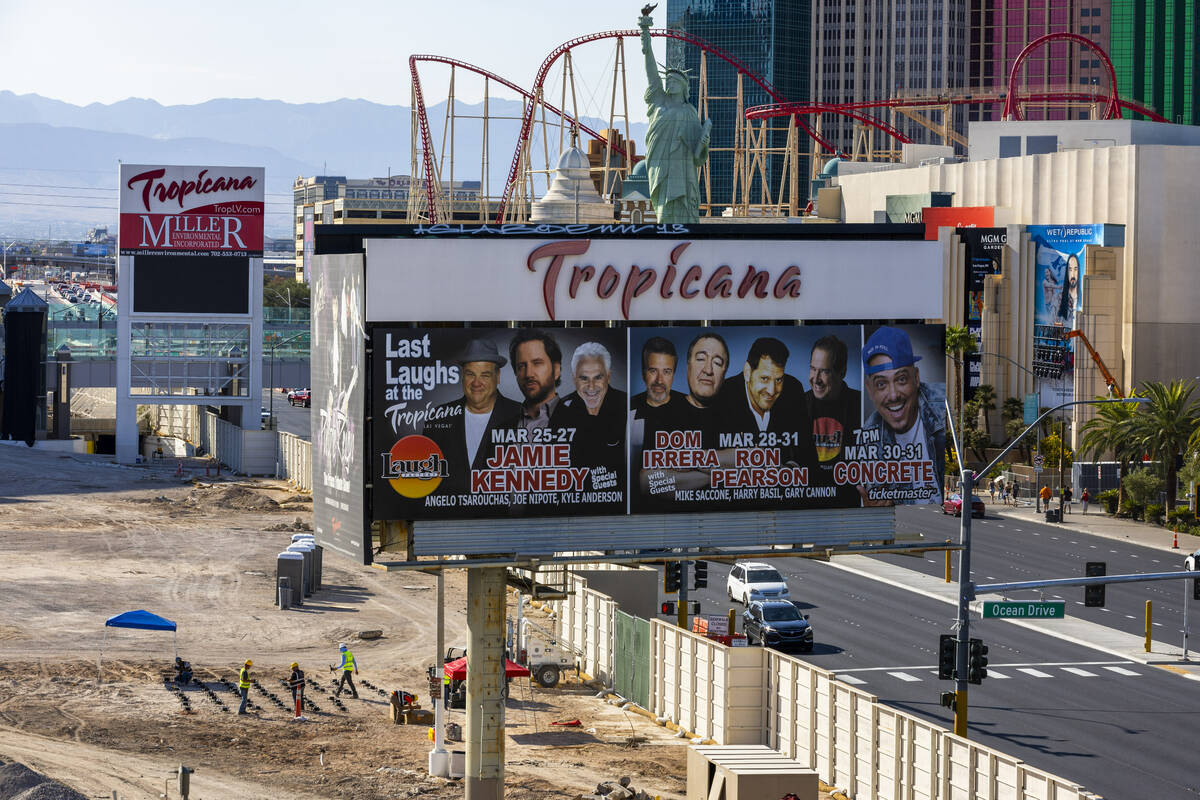 A crew from Fantasy Drone Shows begins their set up for a show at the Tropicana just before the ...