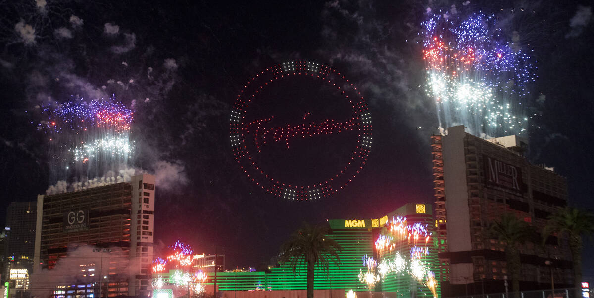 Drones and fireworks light up the sky before the Tropicana implosion, Wednesday, Oct. 9, 2024, ...