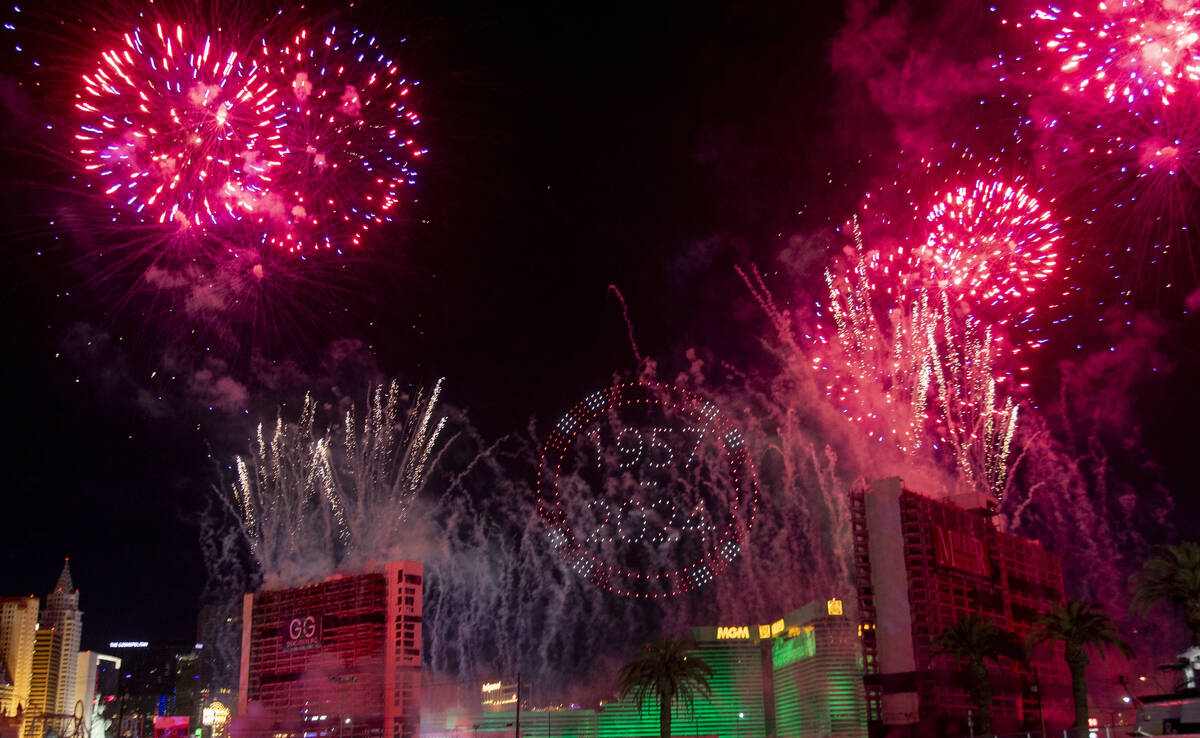 Drones and fireworks light up the sky before the Tropicana implosion, Wednesday, Oct. 9, 2024, ...