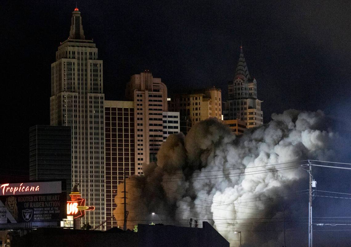 Dust from the Tropicana implosion fills the air, Wednesday, Oct. 9, 2024, in Las Vegas. (Daniel ...