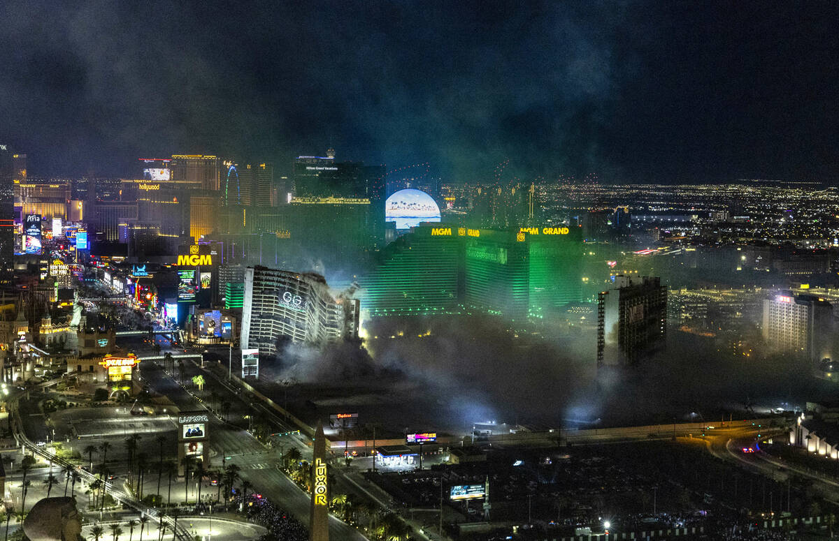 The Tropicana is imploded early in the morning while viewed from the Foundation Room at the Man ...