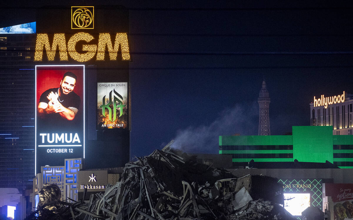 The debris from the Tropicana continues to smolder after the implosion, Wednesday, Oct. 9, 2024 ...