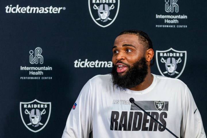 Raiders defensive tackle Christian Wilkins (94) answers a media question following practice at ...