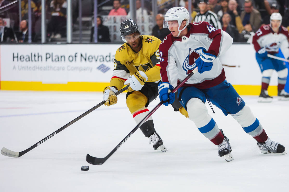 Golden Knights right wing Keegan Kolesar (55) keeps his eyes on the puck as Colorado Avalanche ...