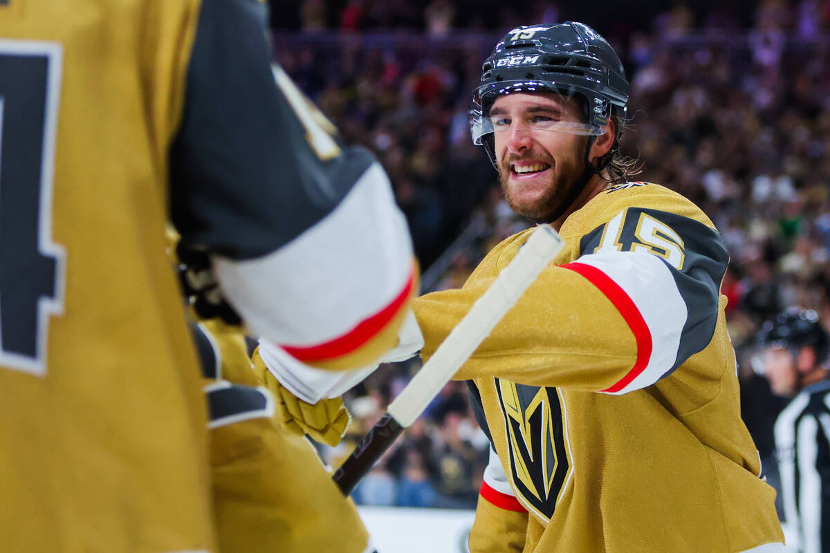 Golden Knights defenseman Noah Hanifin (15) celebrates a goal during the Golden Knights’ ...