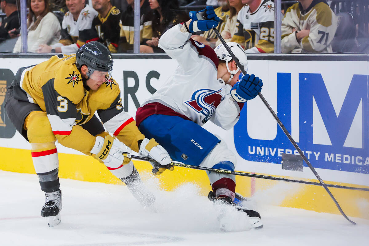 Golden Knights defenseman Brayden McNabb (3) tries to beat Colorado Avalanche center Ivan Ivan ...