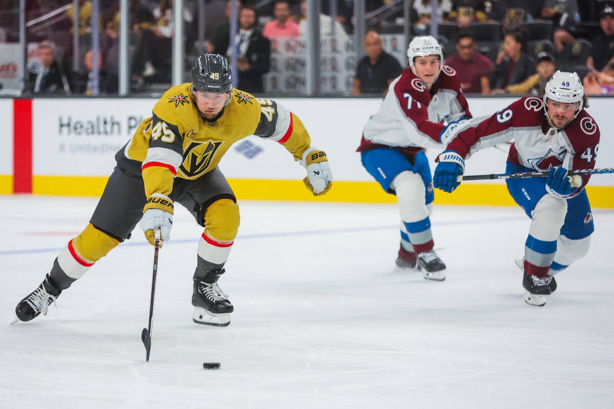 Golden Knights center Ivan Barbashev (49) skates the puck across the ice for a goal during the ...