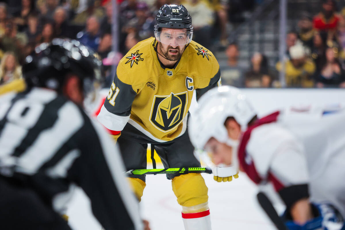 Golden Knights right wing Mark Stone (61) waits for the puck to drop during the Golden Knights& ...