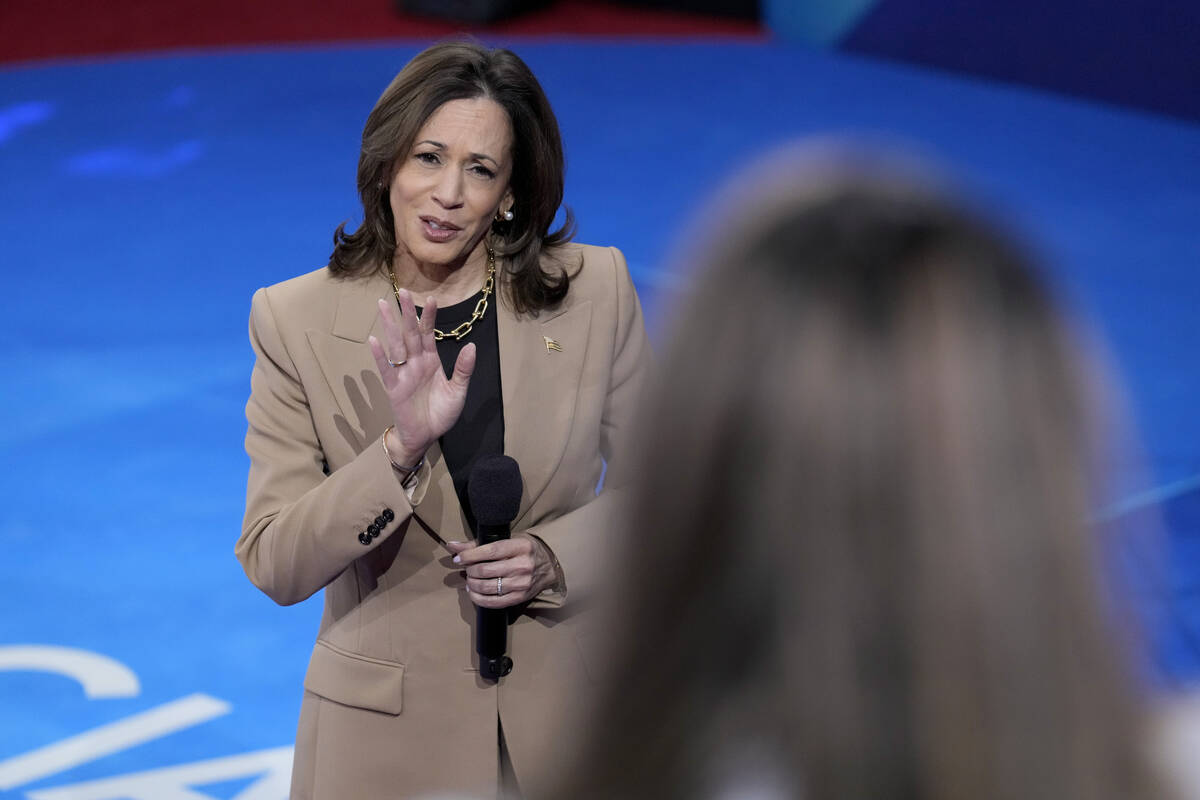 Democratic presidential nominee Vice President Kamala Harris speaks during a Town Hall event ho ...