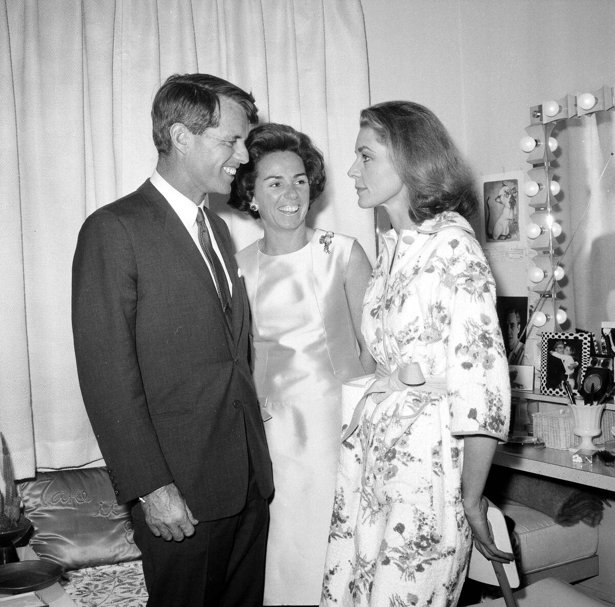 Senator Robert F. Kennedy and his wife Ethel visit with Lauren Bacall backstage after a perform ...